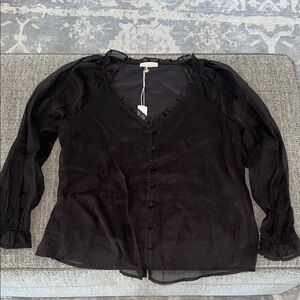 Wit & Wisdom Black Sheer Ruffle-Trim Button Blouse